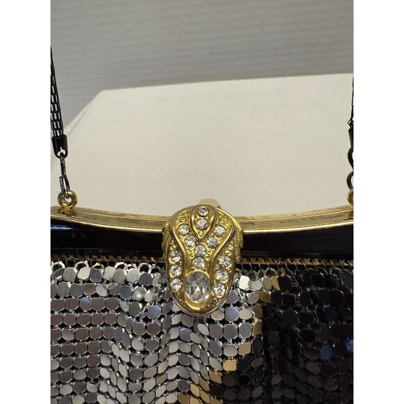Vintage Black Silver Gold Metallic Zippered Evening Bag Purse Chain Strap - Picture 4 of 11